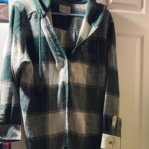Green and White Plaid Hooded Shirt